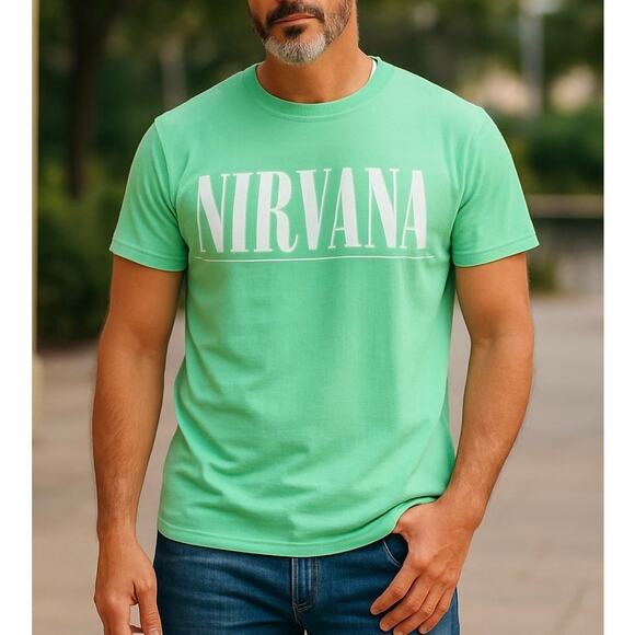 Nirvana Band T-Shirt Mint Green Smiley Face Distressed Screen Print New Small - Picture 1 of 6
